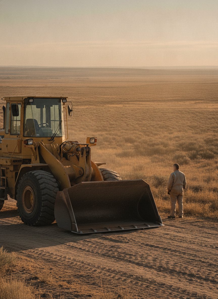 The bucket and tread of a parked loader in the foreground left, a lone figure standing beside it, sagebrush and a wide basin