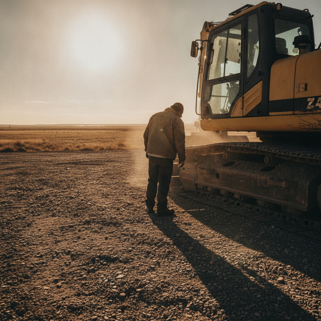 A single work-jacketed figure seen from behind and at scale beside a parked machine on a gravel lot, checking the frame, late-afternoon sun