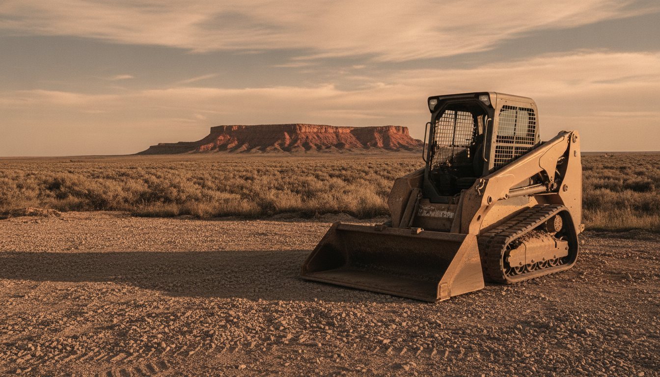 A compact track loader at rest on a gravel pad, dust settled, with sagebrush flats and a rust-red bluff on the horizon behind