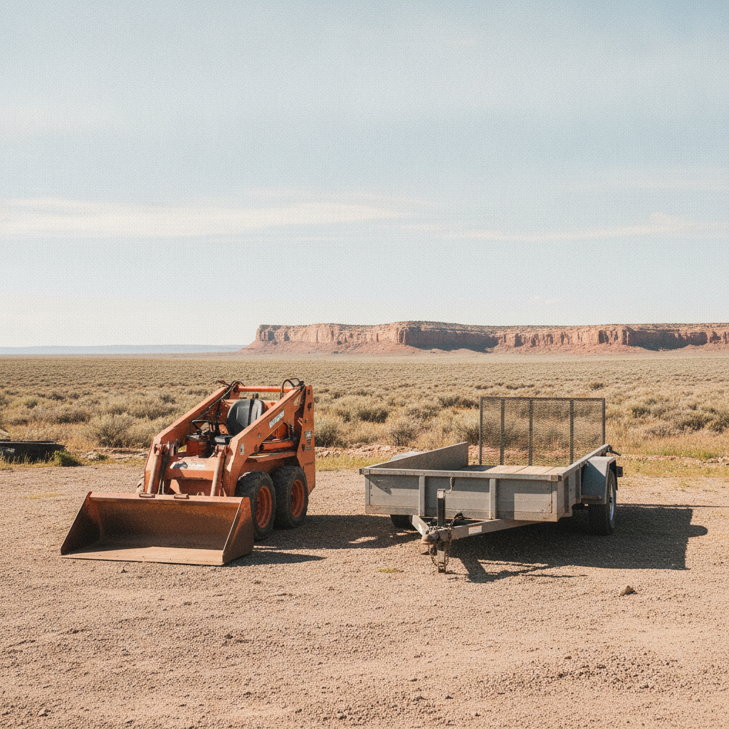 A compact wheeled work machine and a flatbed utility trailer parked on a gravel yard, sagebrush flats and a low rust-colored bluff on the horizon behind them, big open Wyoming sky