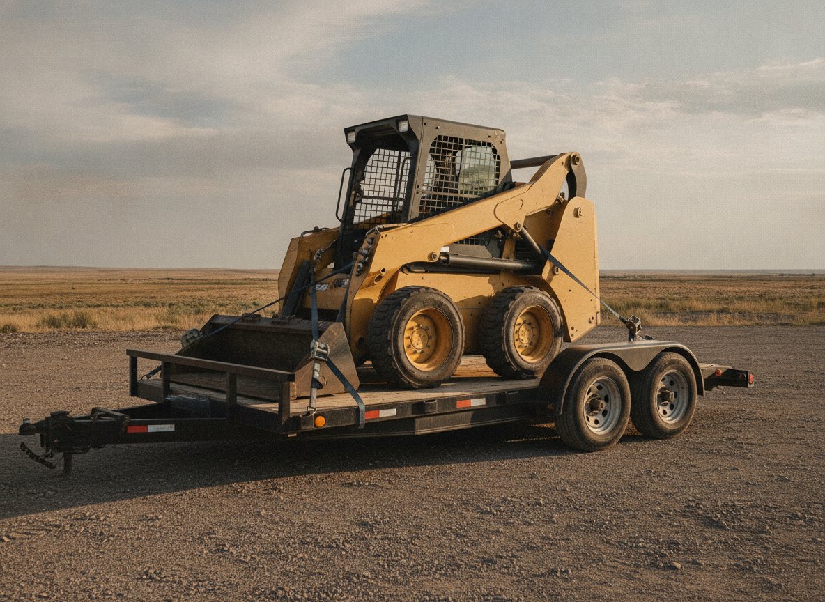 A single wheeled skid steer strapped down on a flatbed trailer, tie-down straps and ratchet in clear view, plain gravel