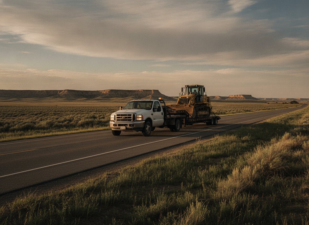 A one-ton flatbed truck hauling a loaded equipment trailer along an empty two-lane Wyoming highway, sagebrush shoulders, low