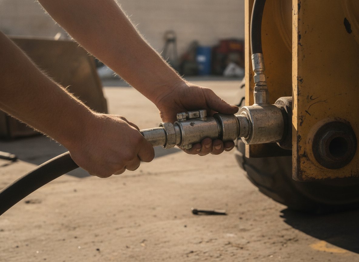 A working pair of bare hands checking a hydraulic quick-coupler and hose on a machine, grease on the knuckles