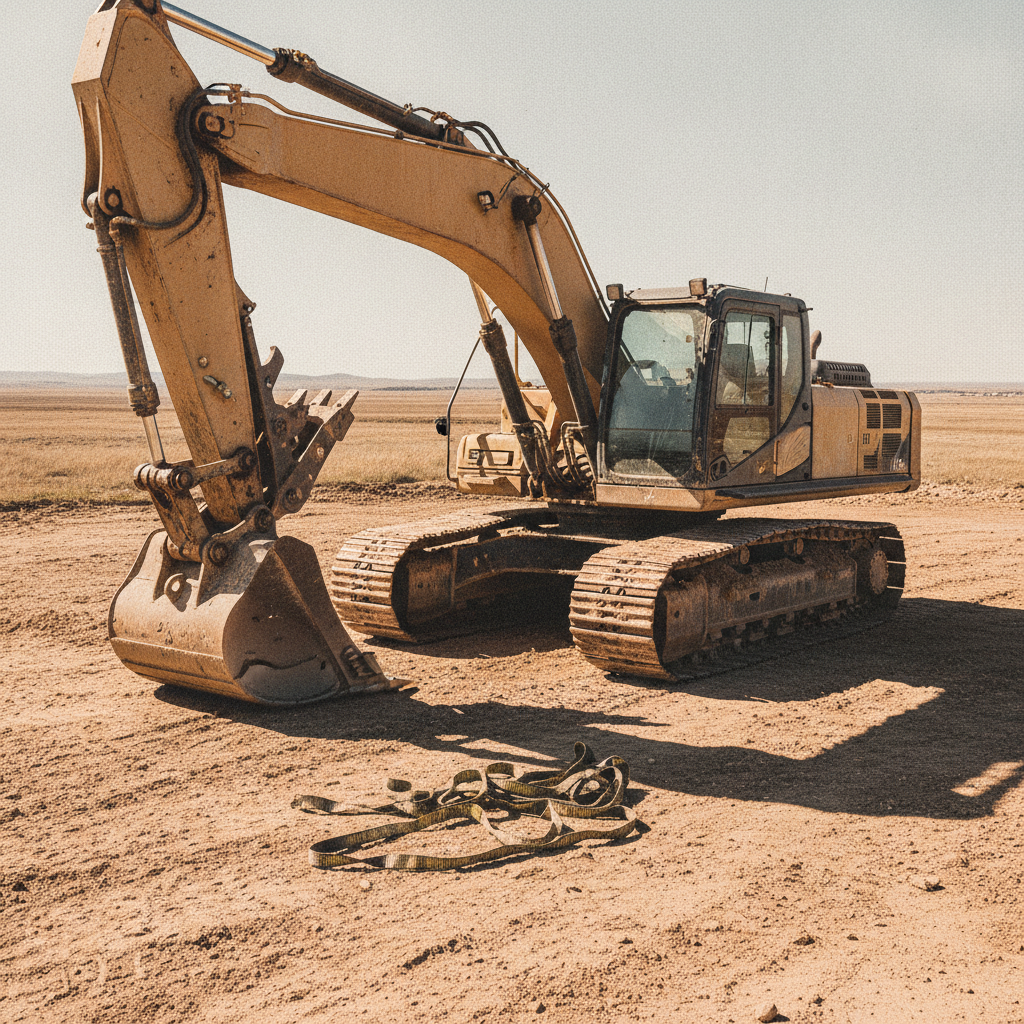 A tracked work machine sitting on a dirt pad with its bucket set down, tie-down straps coiled on the ground beside it, midday light raking the steel