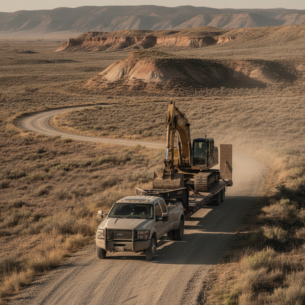A pickup pulling a loaded equipment trailer along a gravel two-track through sagebrush, low bluffs receding into distance