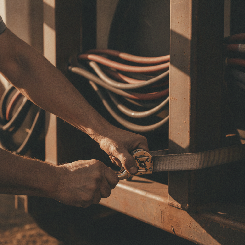 Close crop of two working hands cinching a ratchet tie-down strap over a machine's steel frame, hydraulic lines visible behind